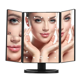 Portable 3-Fold LED Makeup Mirror with Touch Screen & 21 Lights – 1X/2X/3X Magnification Vanity Mirror